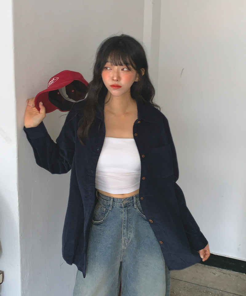 Corduroy Collar Shirt Shirt Blouse Basic Item Cotton