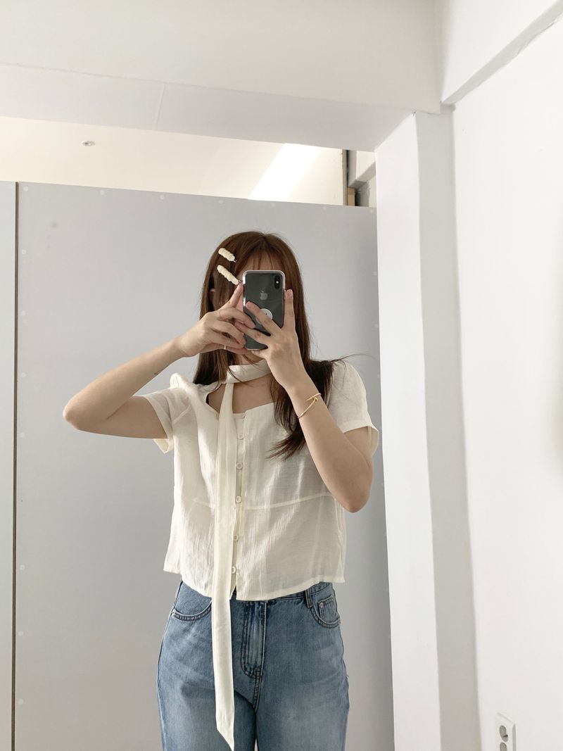 Blian Puff Short Sleeve Blouse Scarf Tie Set