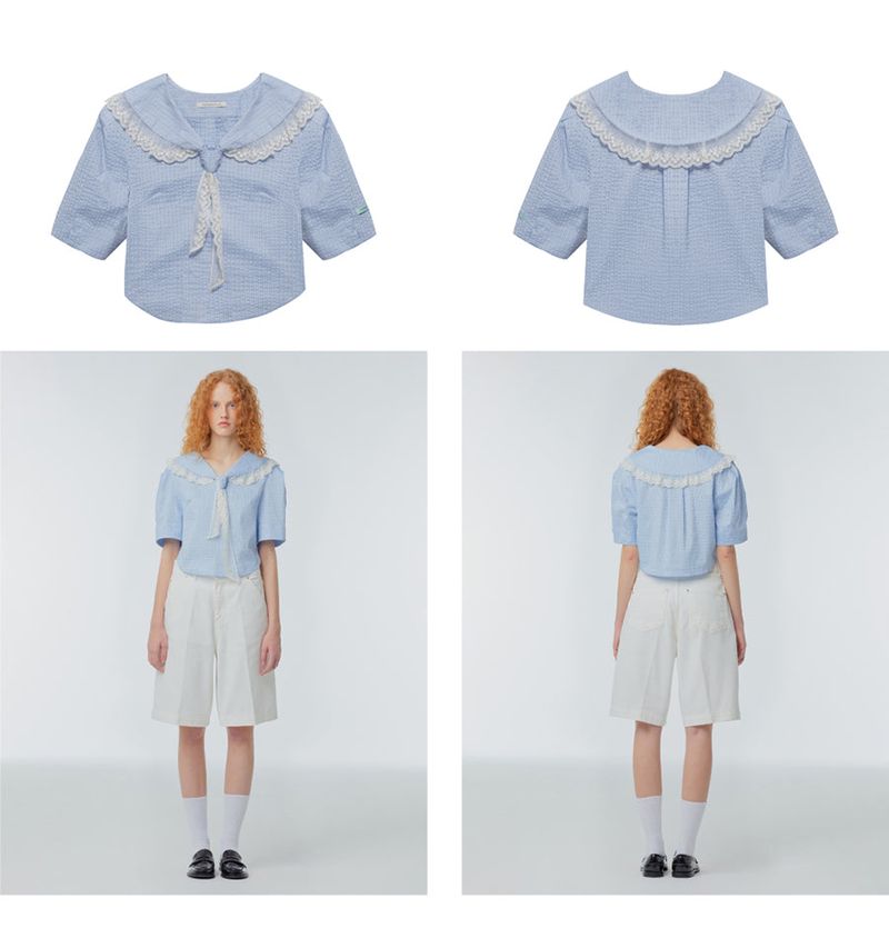 Sailor-collar puff-sleeve blouse