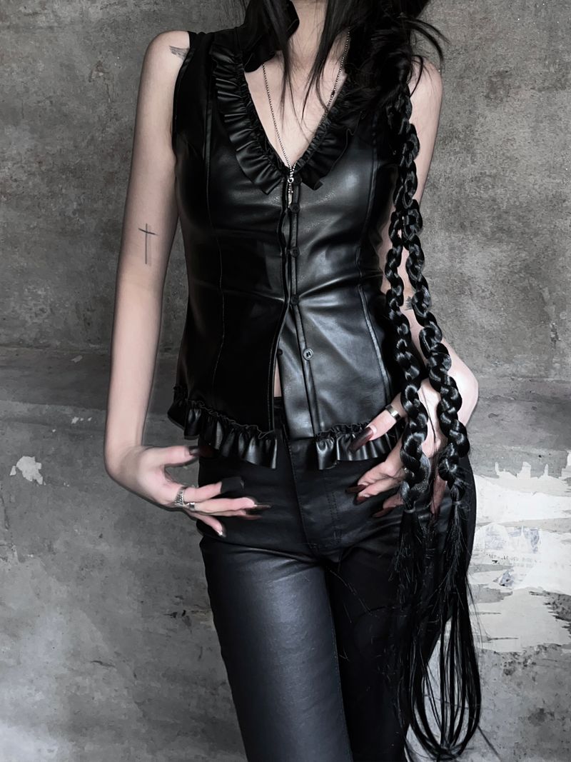rock chic leather frill bustier