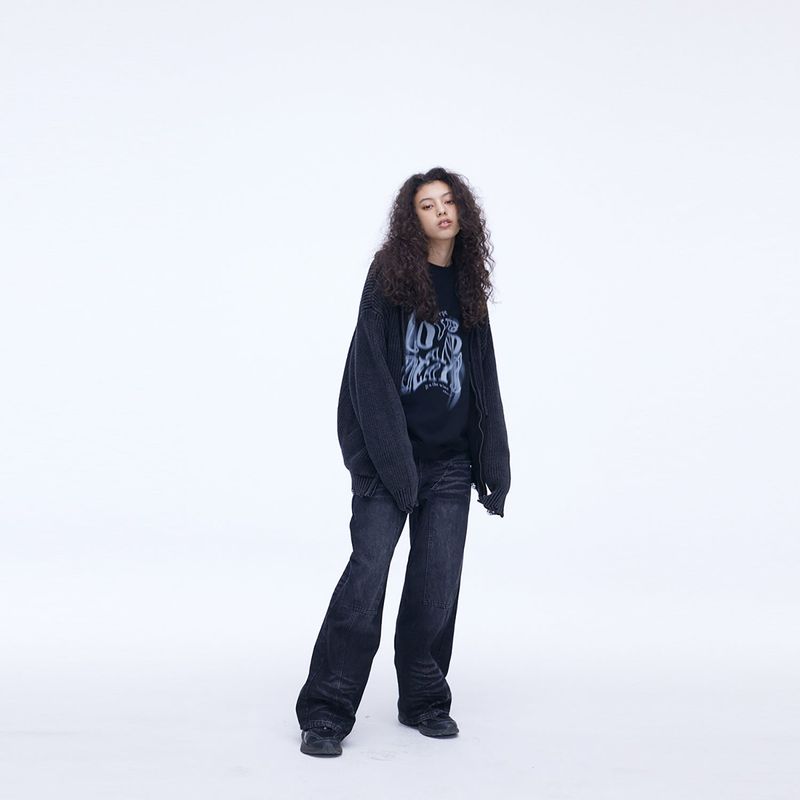 Double Knee Carpenter Wide Denim Pants Black