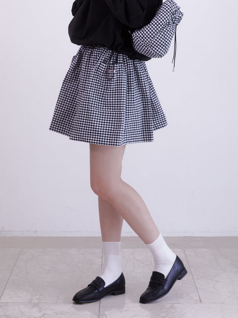 Gingham check pocket shirring mini skirt (BLACK)