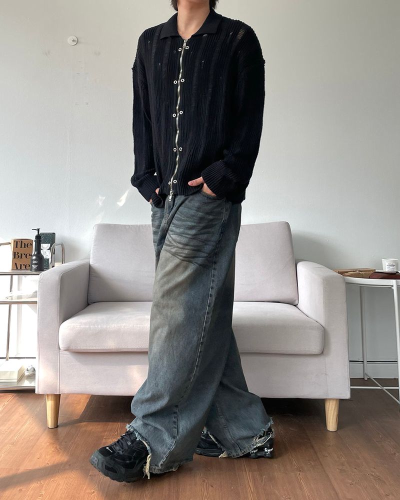 Eyelet Zip-up Knit Cardigan