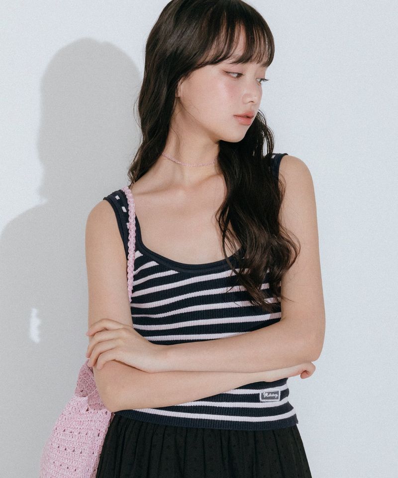 STRIPE SLEEVELESS KNIT TOP (NAVY)
