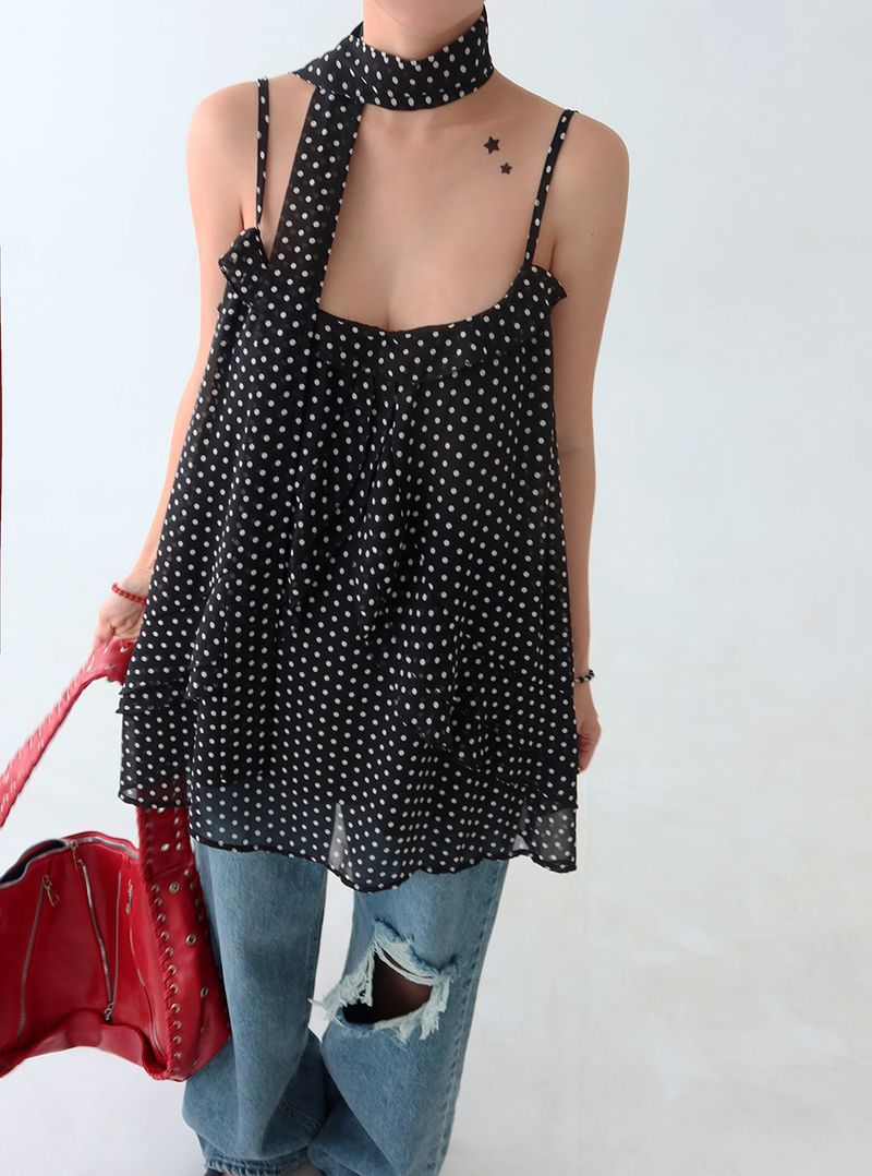 Tie set leopard print dot bustier long blouse