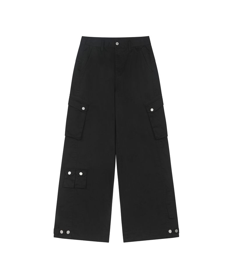 Diagonal Cut Cargo Pocket Cotton Pants - BLACK