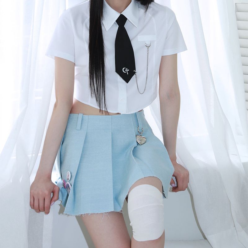 1 0  denim pleated skirt - LIGHT BLUE