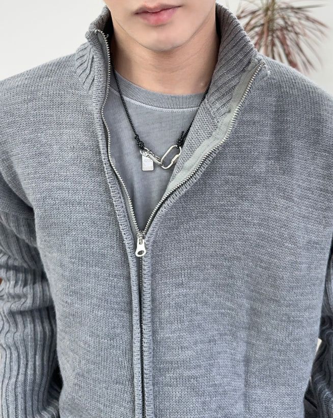 Ray-fun mix diagonal knit zip-up