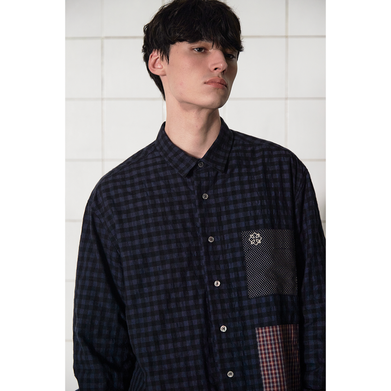 POCKET GINGHAM CHECK SHIRT / NAVY