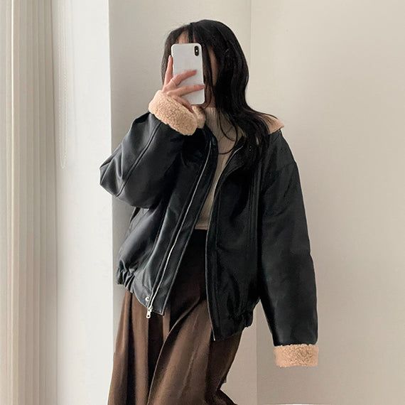 Mohi High-Neck Wool Leather Jacket