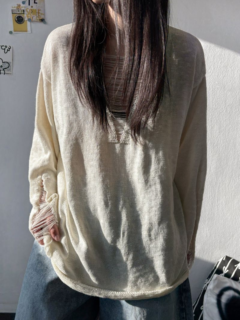 Drip Drape Distressed Mesh Loose Knit Sweater 4color