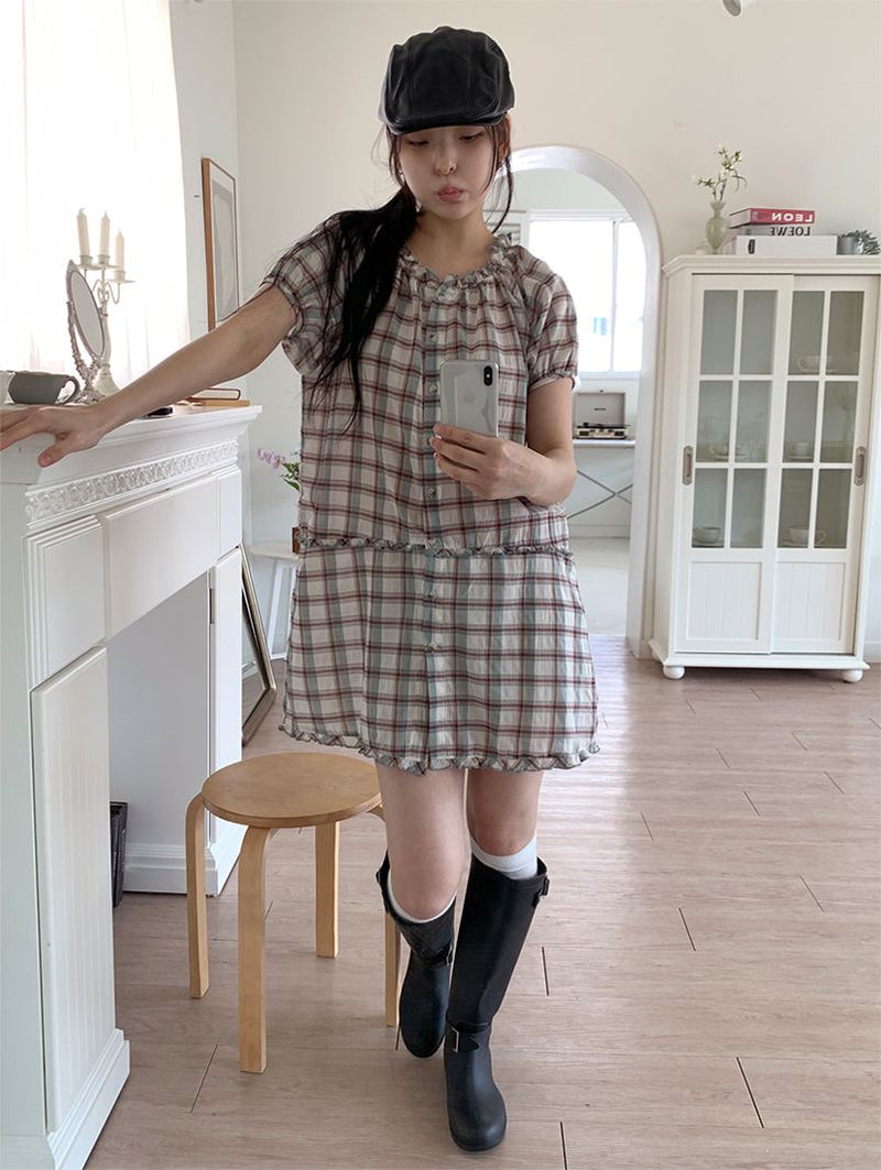 SAGE CHECK FRILL DRESS (2C)
