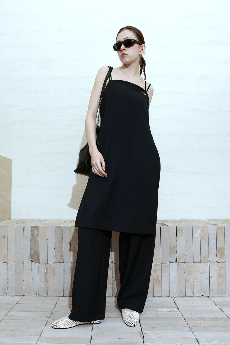 [SET-UP] DEEP SLIT DRESS, EASY BANDING SLACKS SET_NAVY