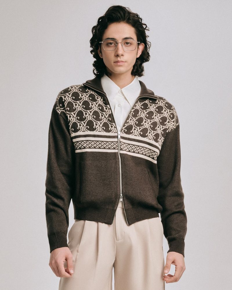 DVRK（ダーク）の「DVRK PRIVÉ MONOGRAM KNITTED ZIP-UP JACKET - DARK GREY（Tops）」