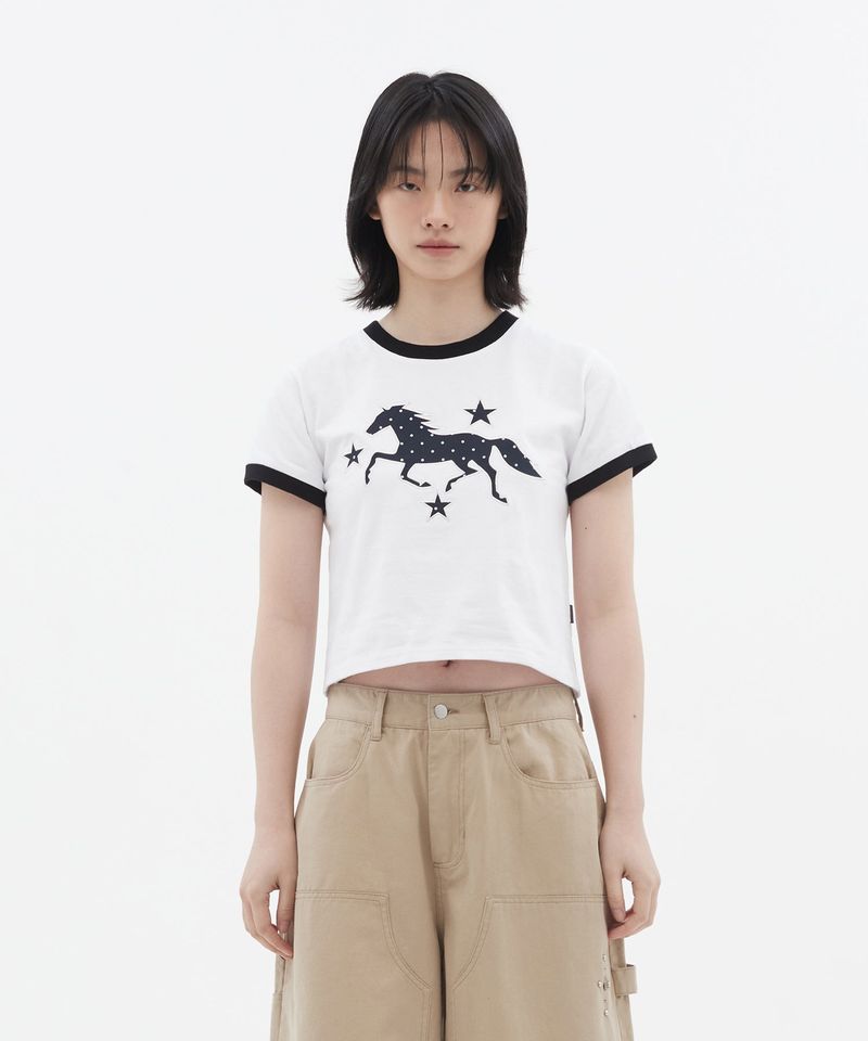 3 Star Horse Patch Crop T-Shirt_White
