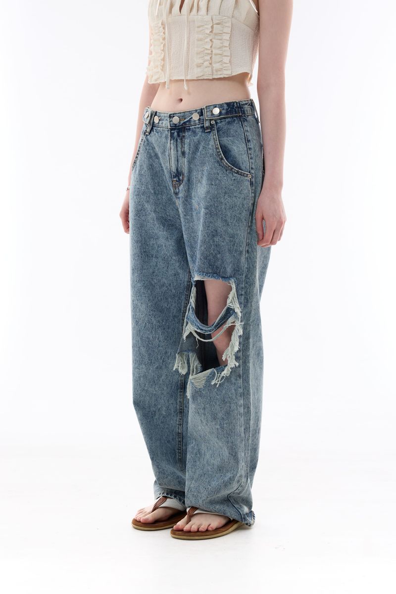 CHARMING DAMAGE WIDE DENIM PANTS