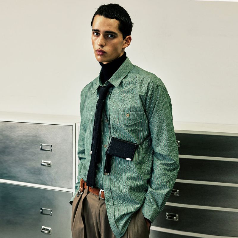 [SET] everyday stripe shirt & square tip knit tie green