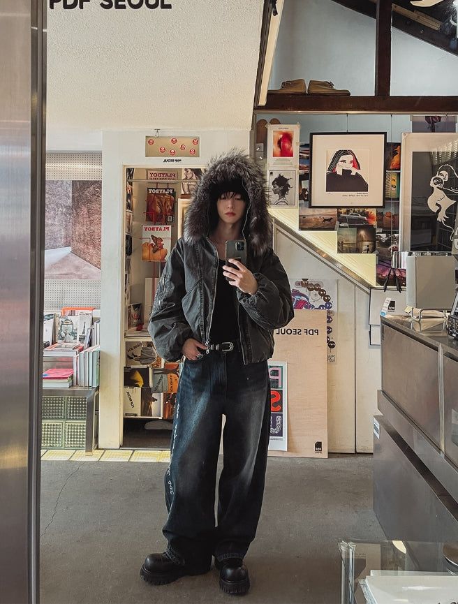 [LANARCH] Fox Fur Hood Bomber Jacket