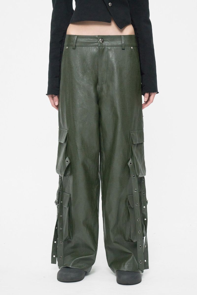 EYELET CARGO LEATHER PANTS KHAKI