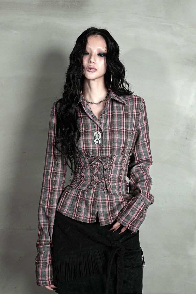 CHECK CORSET SHIRT #PINK GRAY