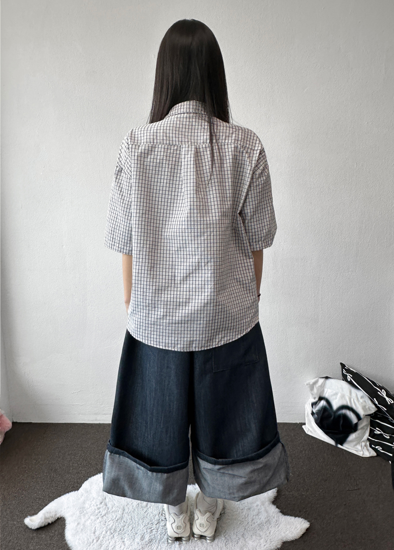 Cake Check Button Collar Short Sleeve Shirt 2 COLORS