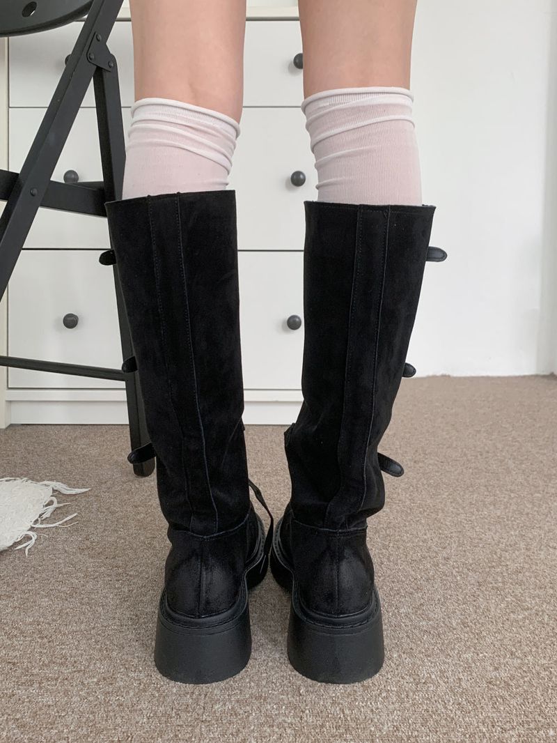 Kelvo Triple Buckle Belt Lace-Up Suede Oversole Long Boots (2 Colors)