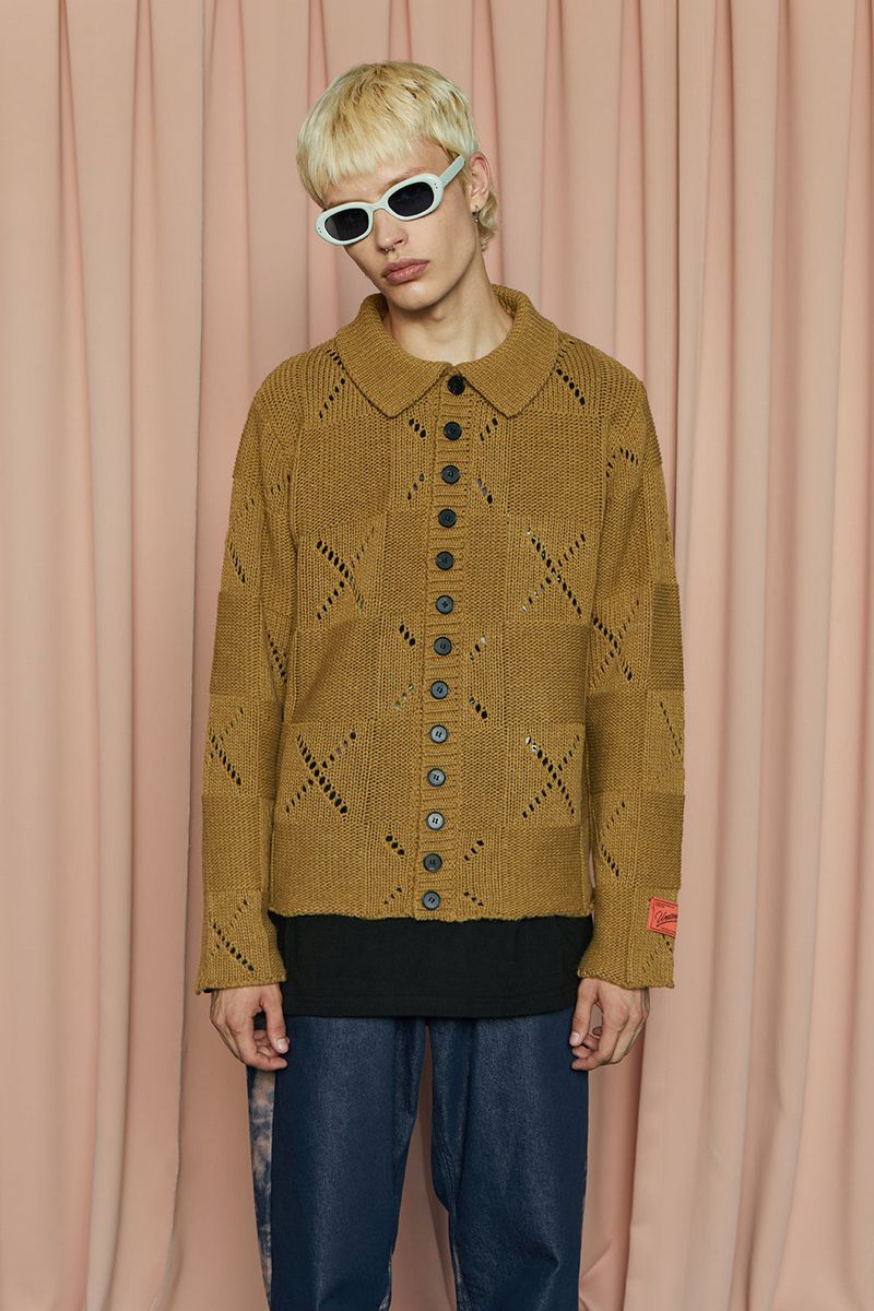 BUTTON ARGYLE KNIT JACKET / OLIVE