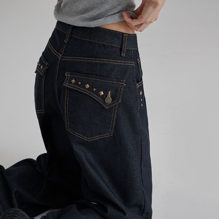 [Greden] Stud Pocket Curved Raw Denim Pants