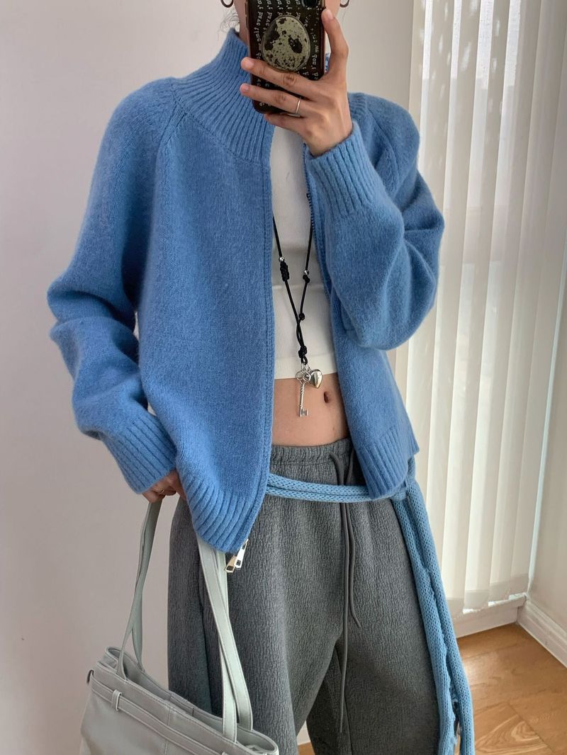 Stand Collar High Neck Zip-Up Long Sleeve Knitwear