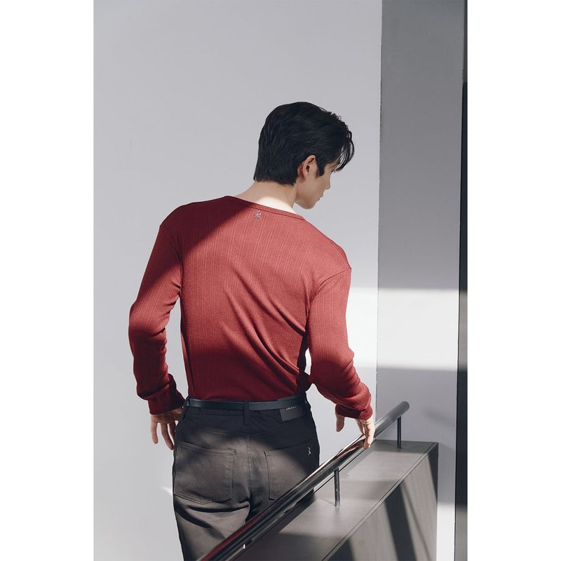 Leather ribbed henry neck long sleeves(Burgundy)