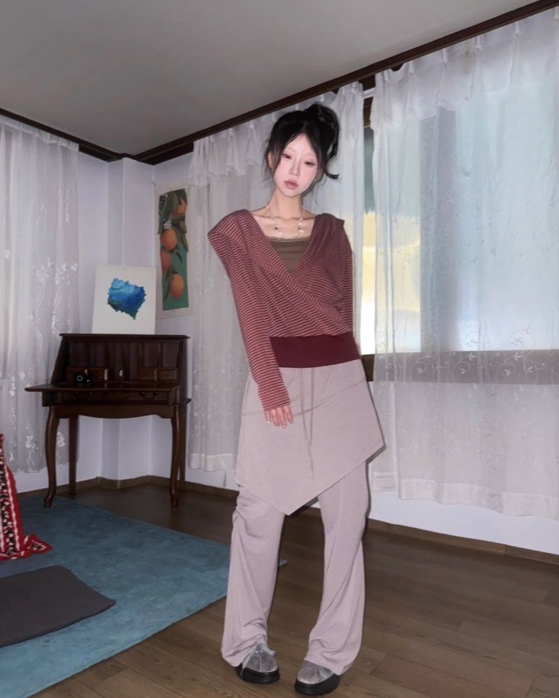 (2color) Diagonal Shirring Bootcut Layered Pants