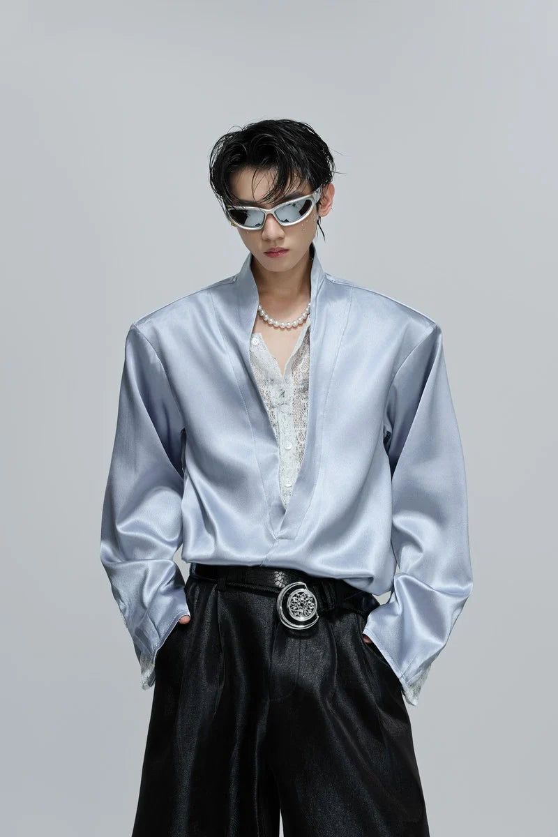 Lace V-Neck Layered Satin Blouse