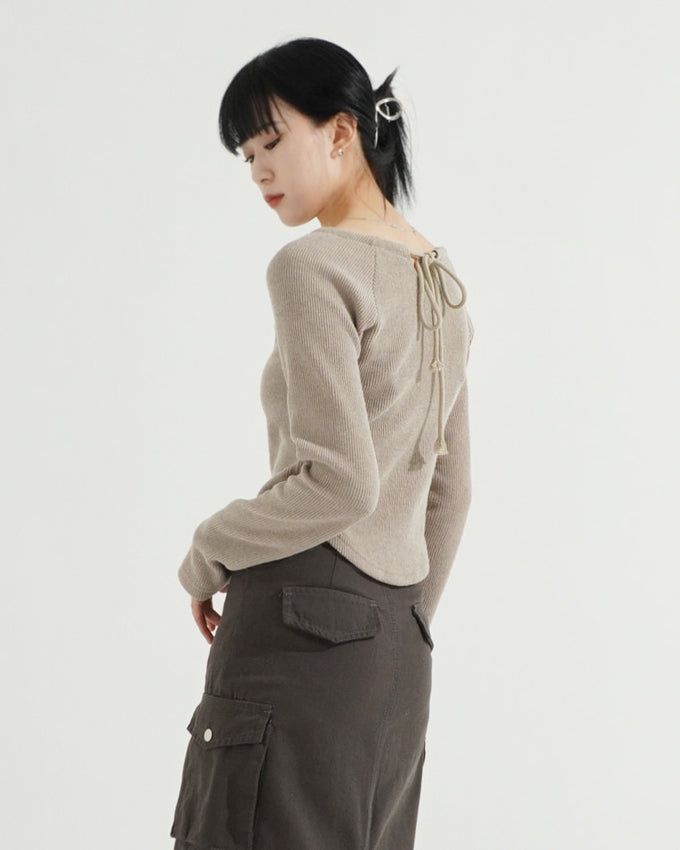 3 Hole String Neckline Ribbed Top