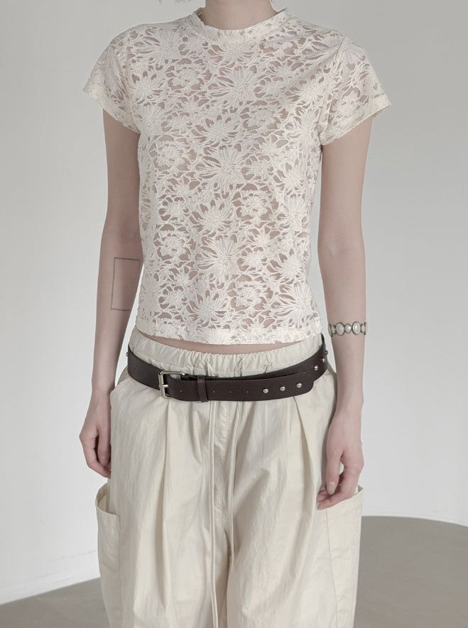 mnem（ムネム）の「Floral Punching Lace Short Sleeve Tee（Tops）」