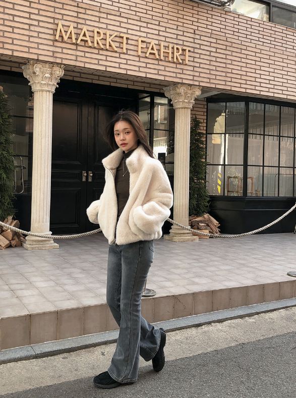 #Elegant Hairy Crop Zip-up Fur Jacket (2color)