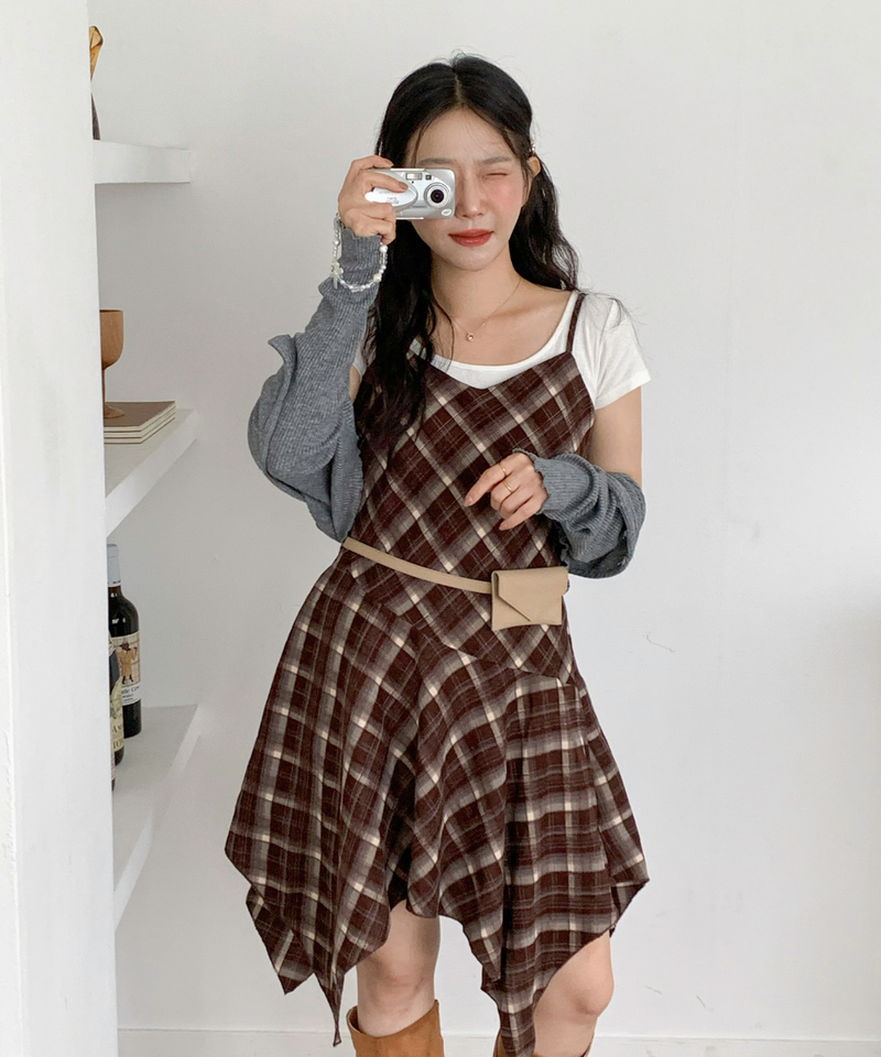 Mute Unbalanced Bustier Checkered Dress
