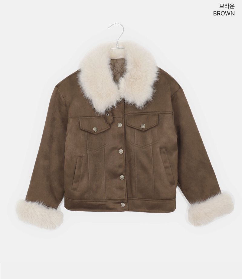 Dyuni Suede Quilted Buckle High-Neck Faux Fur Jacket