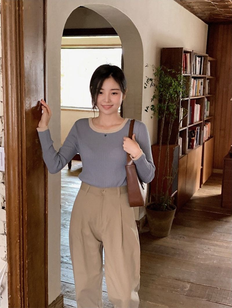 Slim Two Tone U-neck Rib Knit (6color)