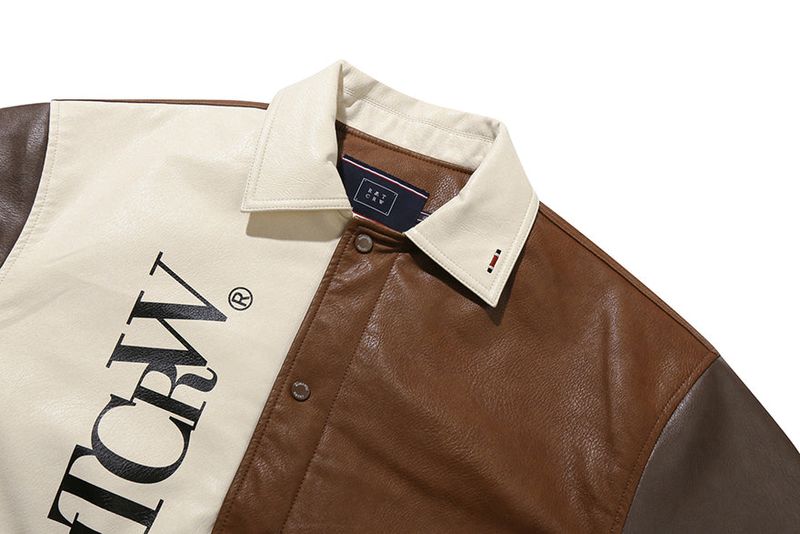 VEGAN LEATHER VARSITY JACKET_BROWN