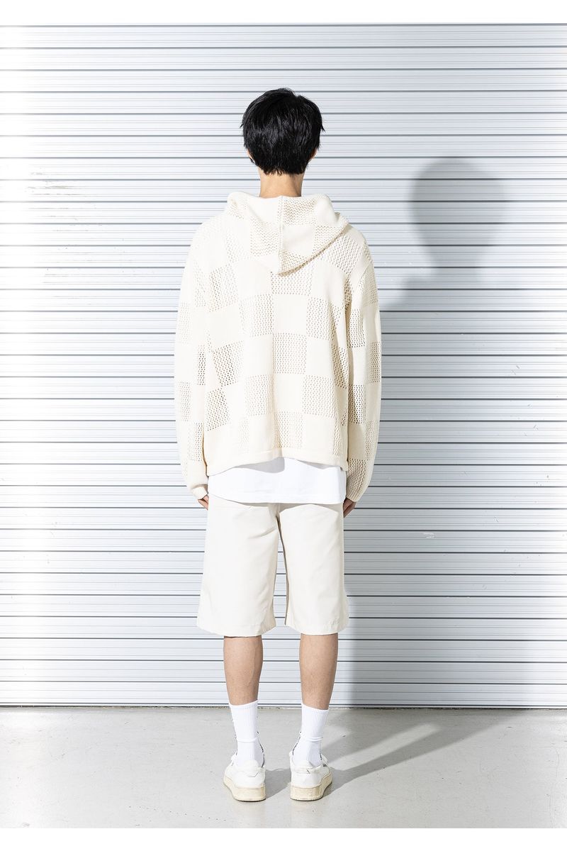 CHECKERBOARD MESHED ZIP-UP KNIT