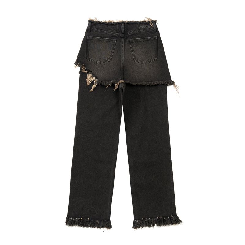 STUD DENIM SKIRT LAYERED PANTS (BLACK)