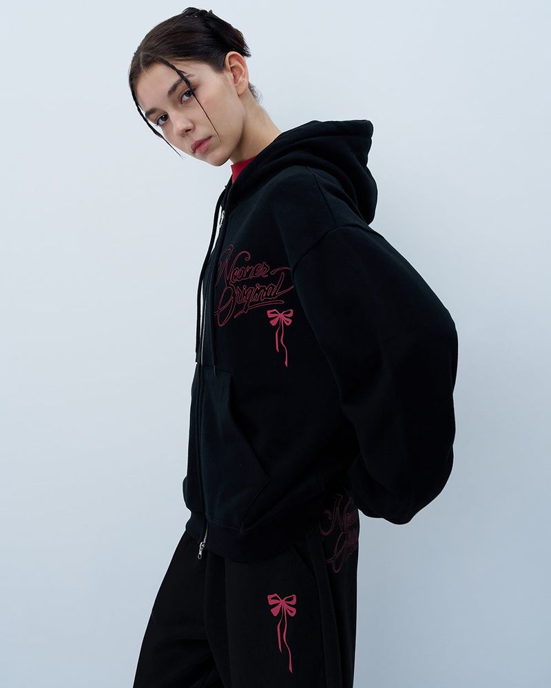 PINK RIBBON LOGO HOODIE ZIPUP-BLACK