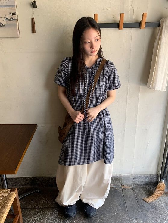 BAON（バオン）の「Zimo Check Button Puff Short Sleeve One Piece（Dresses）」