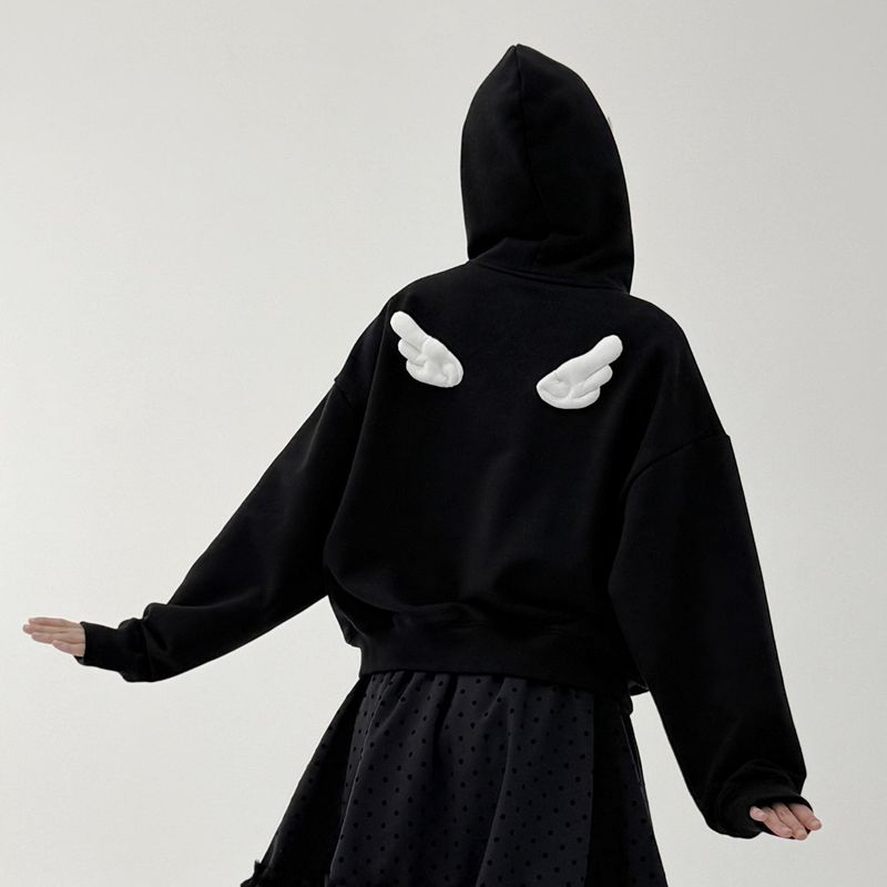 Angel Wing Zip-Up Hoodie - Black