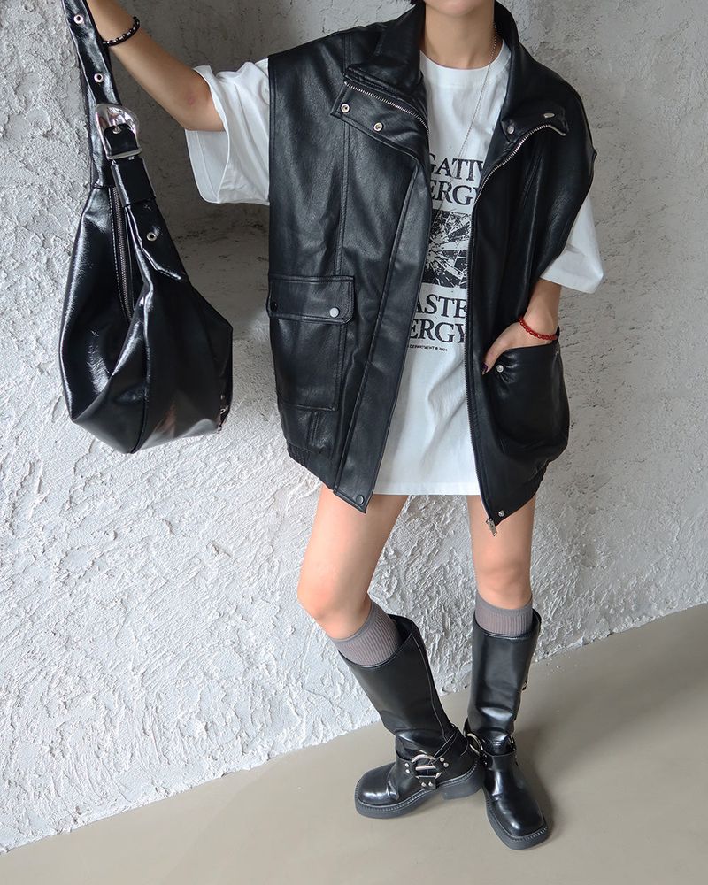 leather oversized fit vest jacket