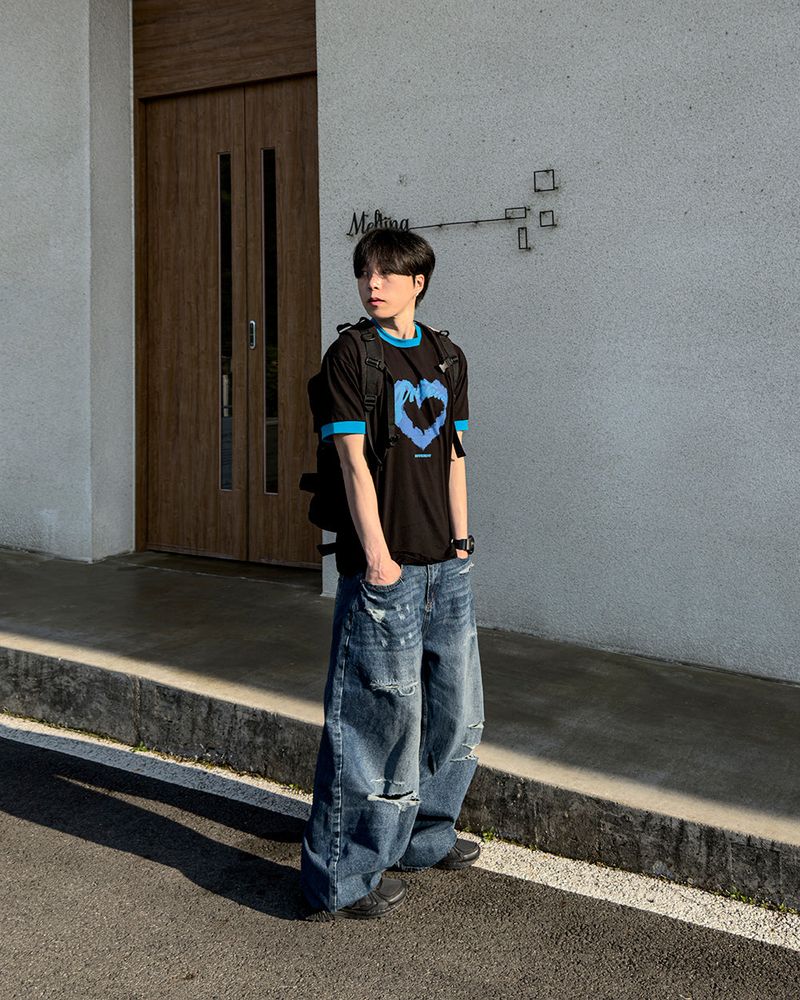 Part Blue Wash Distressed Denim