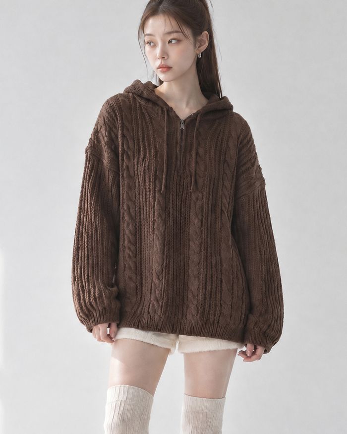 (UNISEX) Follow Half Zip Cable Knit Hoodie
