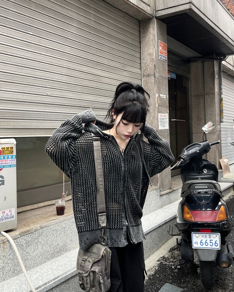 Dyeing Damage Mesh Hooded Zip-Up