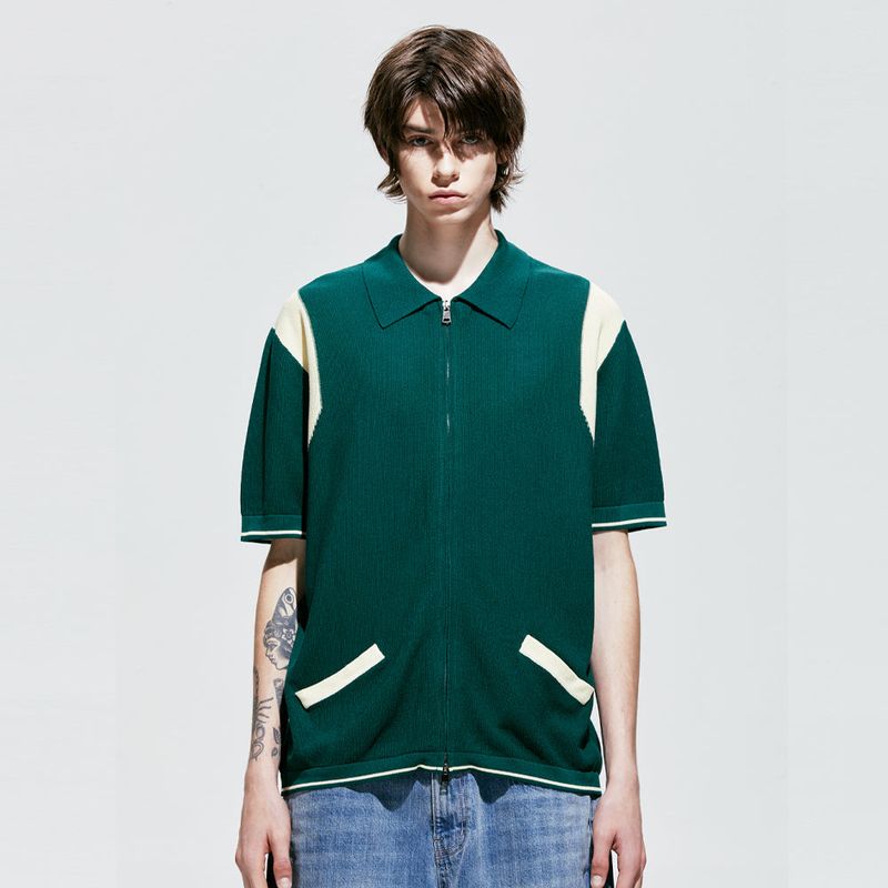 varsity half knit zip-up green