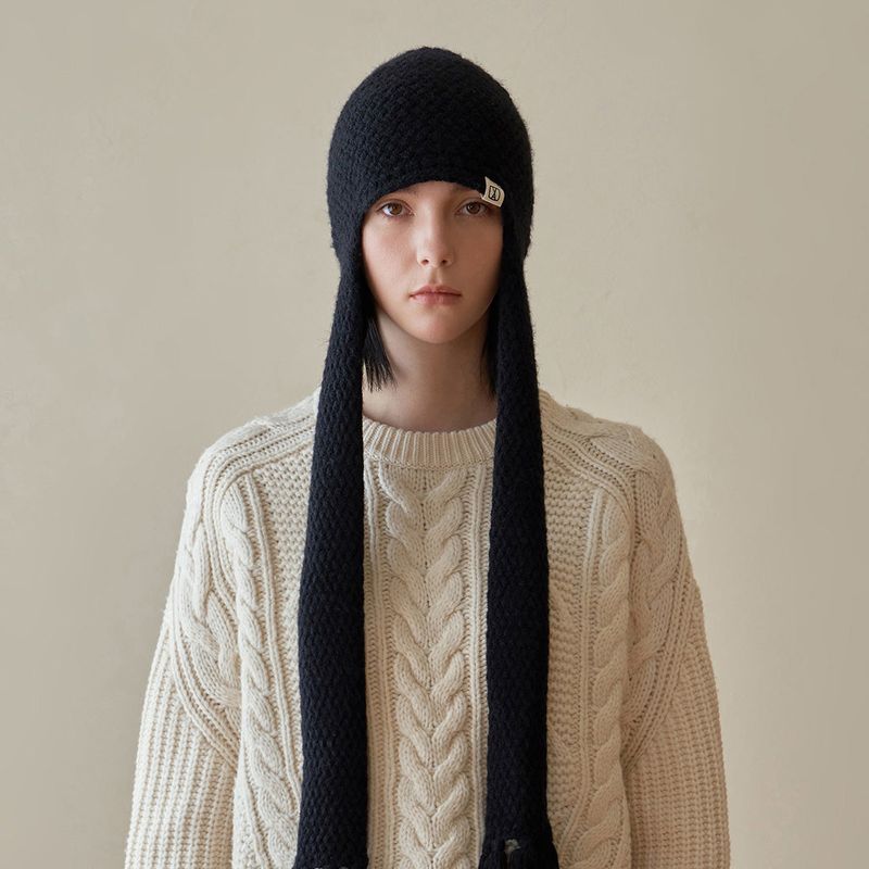 VA Square Label Knit muffler beanie / Black